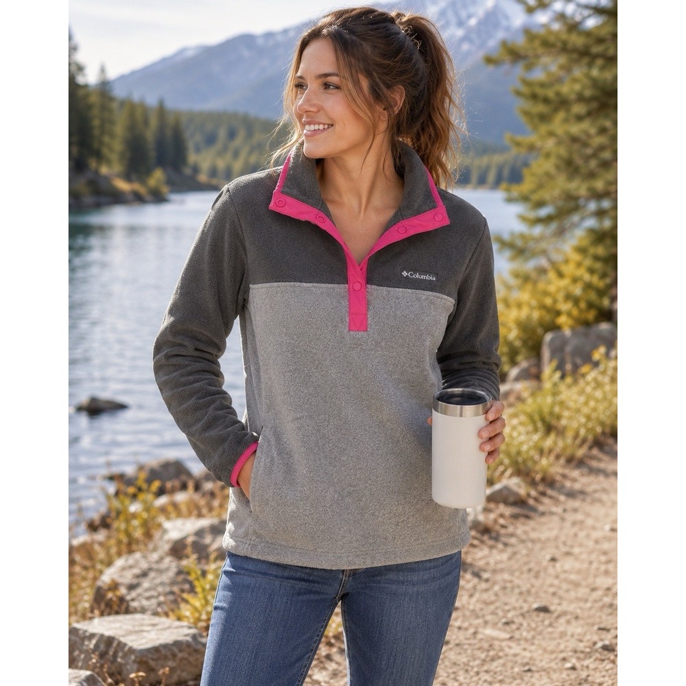 Columbia Women's Benton Springs 1/2 Snap Gray Pink Pullover Fleece Jacket Size L